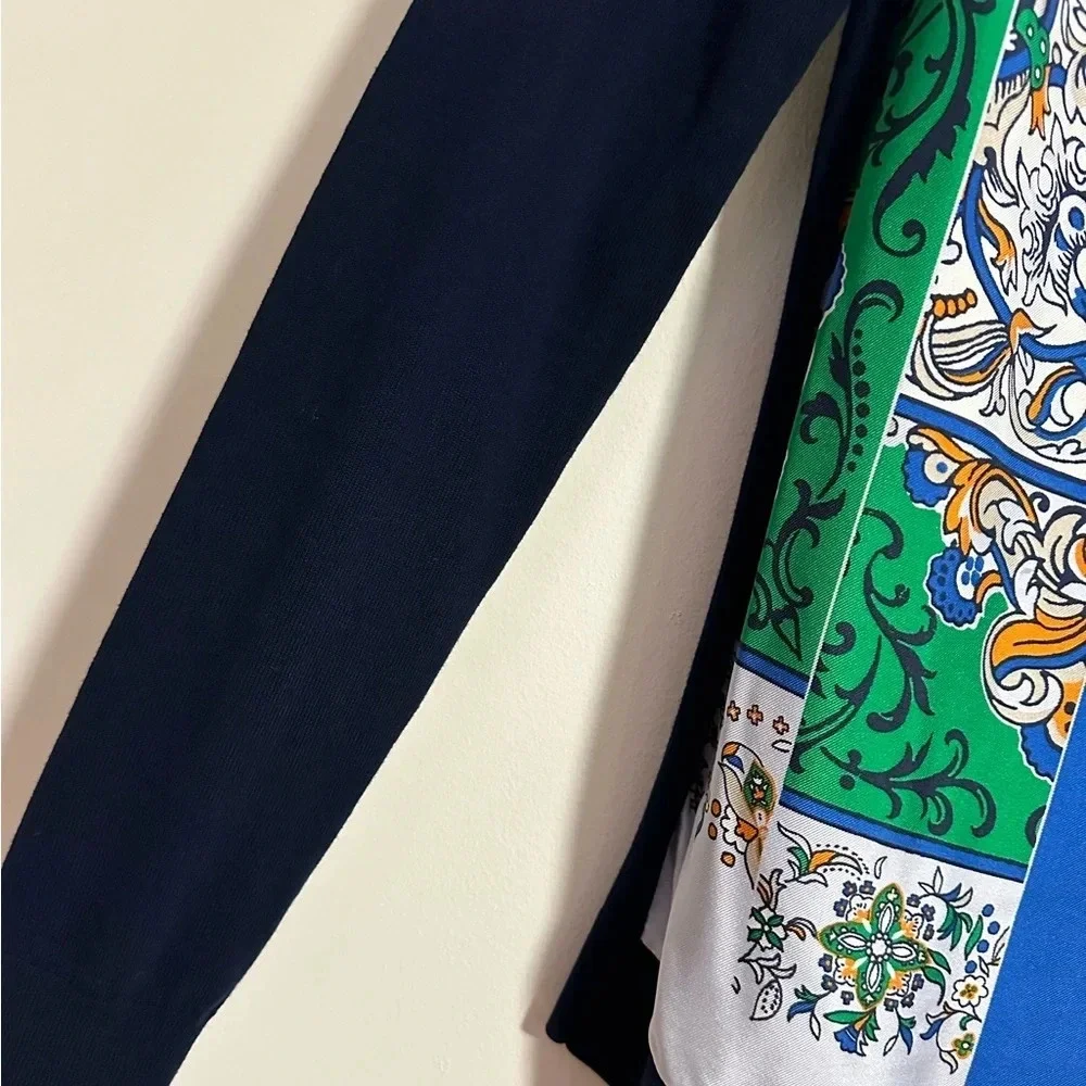 Tory Burch Silk print front patch navy light sweater